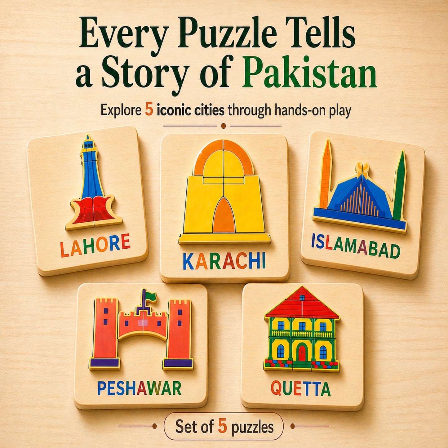 Set of five wooden puzzles with colorful designs and city names on a beige background.