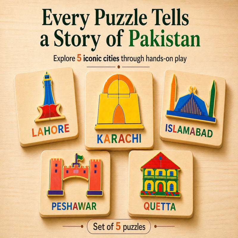 Set of five wooden puzzles with colorful designs and city names on a beige background.