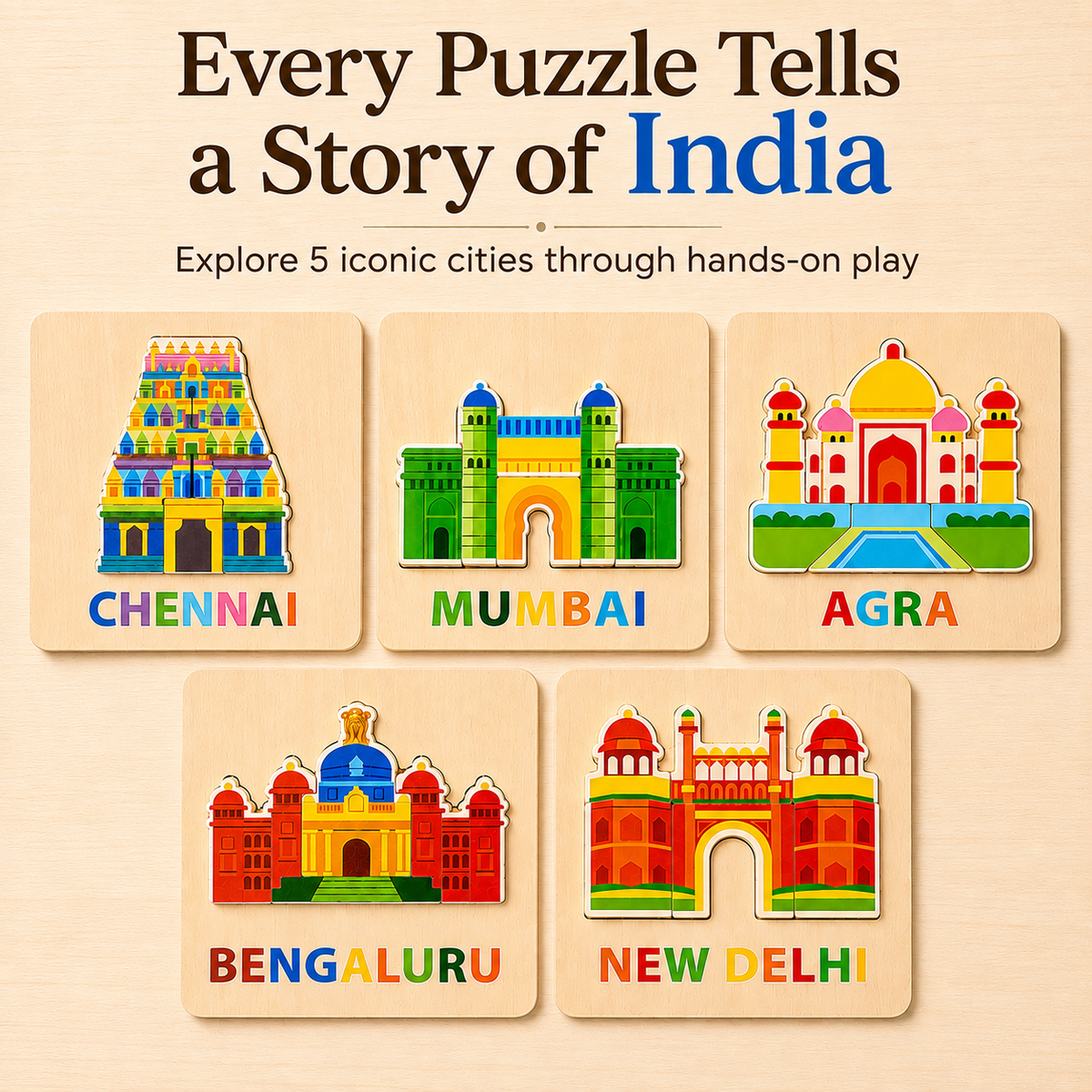 Mini Masti Cities of India wooden puzzle set showing Chennai, Mumbai, Agra, Bengaluru and New Delhi landmark puzzles