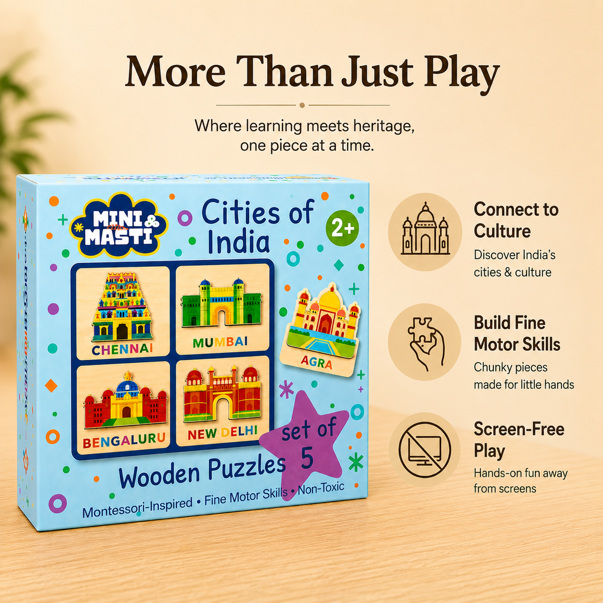 Mini Masti Cities of India puzzle box, set of 5 for ages 2+, with icons for cultural learning, fine motor skills and screen-free play.