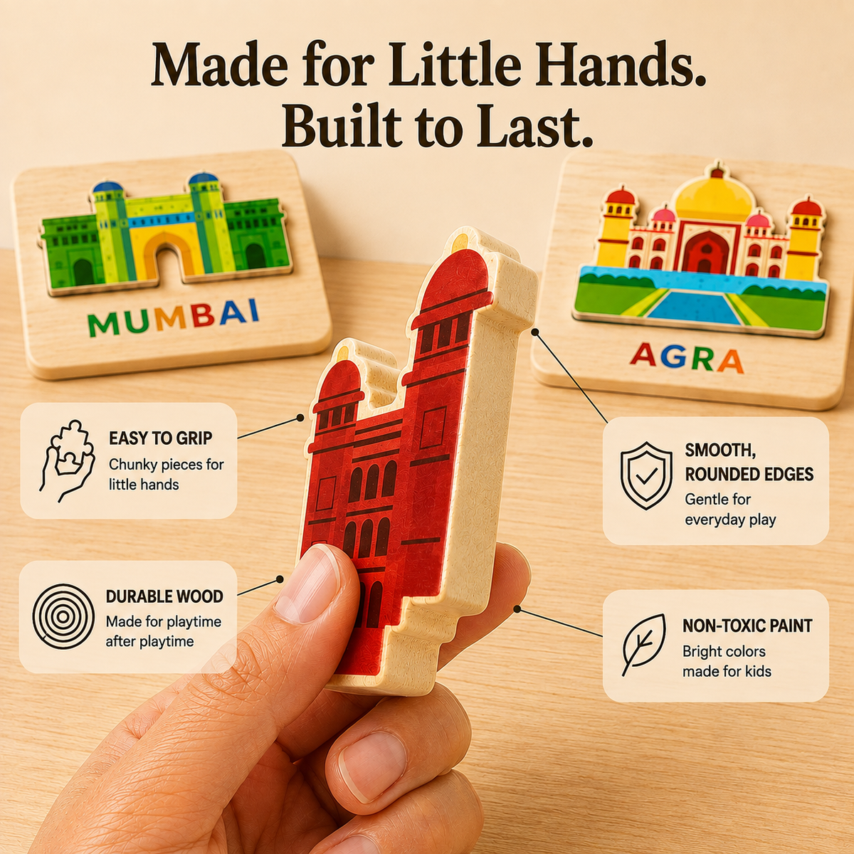 Hand holding a chunky wooden Red Fort puzzle piece, with Mumbai and Agra puzzles showing easy grip, smooth edges and non-toxic paint