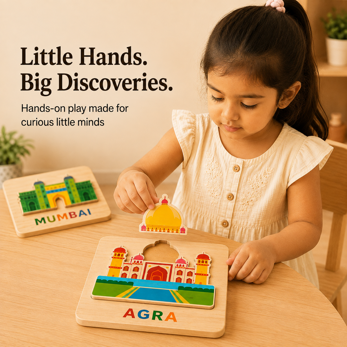 Toddler girl placing the Taj Mahal dome piece into the Agra wooden puzzle, with the Mumbai puzzle beside her