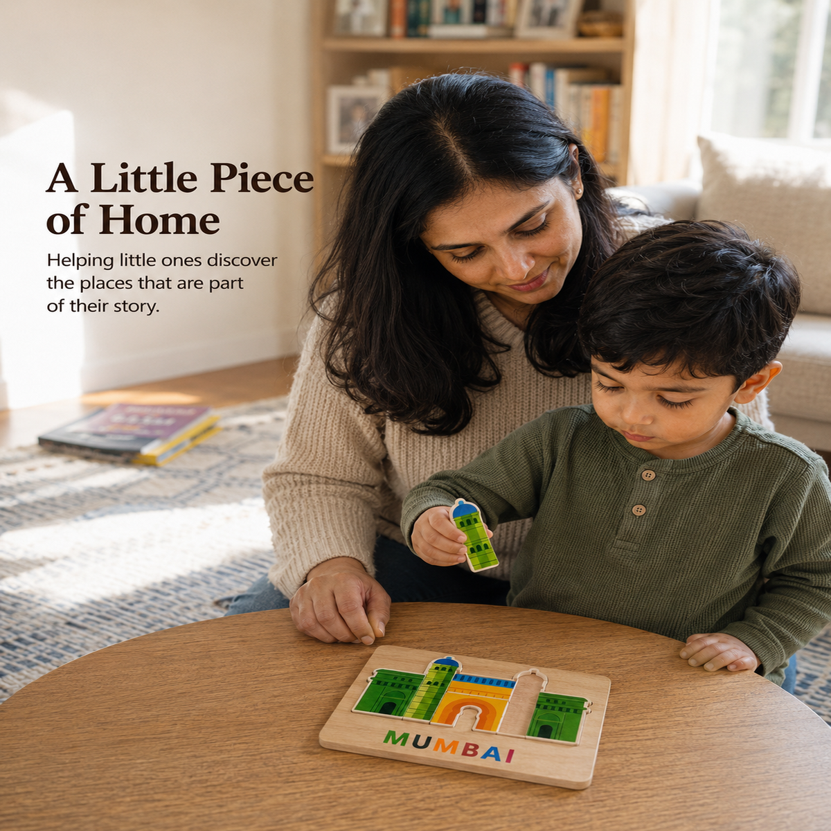 Mother and young son putting together the Mumbai Gateway of India wooden puzzle at home