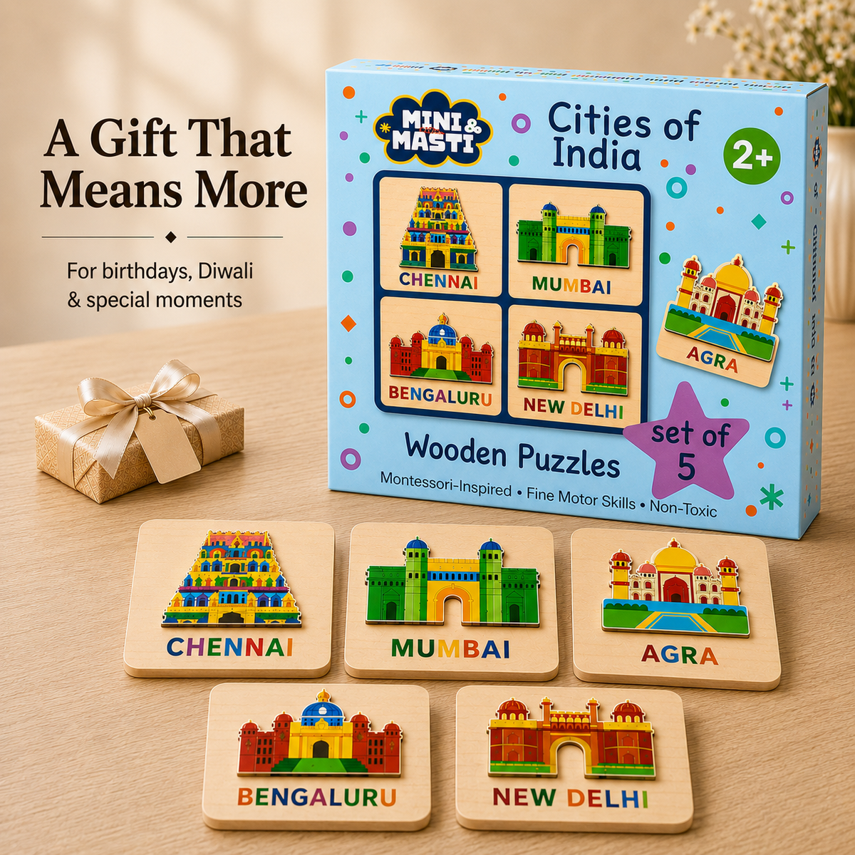 Cities of India puzzle box with all five wooden city puzzles and a wrapped gift, a Diwali or birthday gift for toddlers