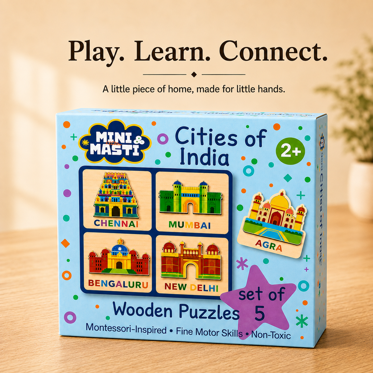 Front of the Mini Masti Cities of India wooden puzzles box, a set of 5 Montessori-inspired puzzles for ages 2+